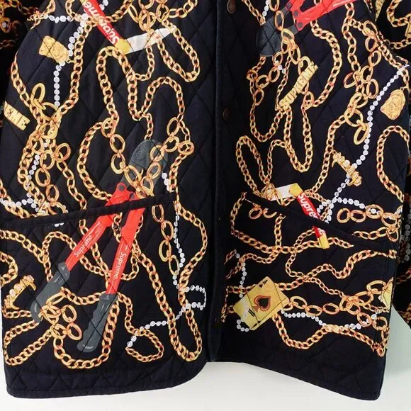 SUPREME Jacket Medium Black Gold Chain Quilted Reverse‎ Streetwear Y2K Logo NWT
